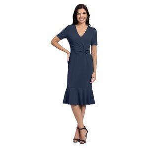 London Times Women's V-Neck Polished Flounce Hem Twist Waist Detail
